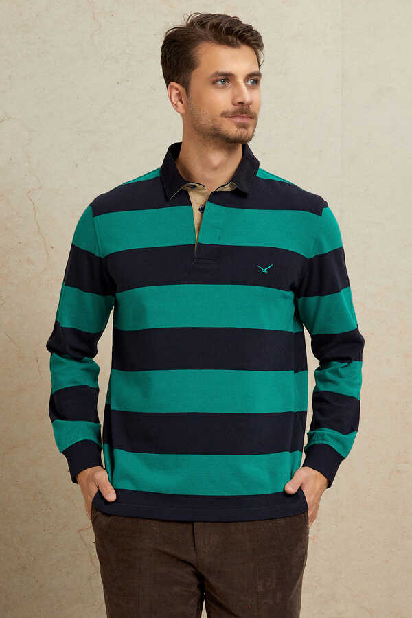 Navy Blue - Green 100% Cotton Velvet Collar Sweatshirt