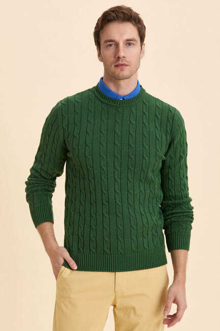 Green 100% Cotton Cable Knit Crew Neck Sweater - 2