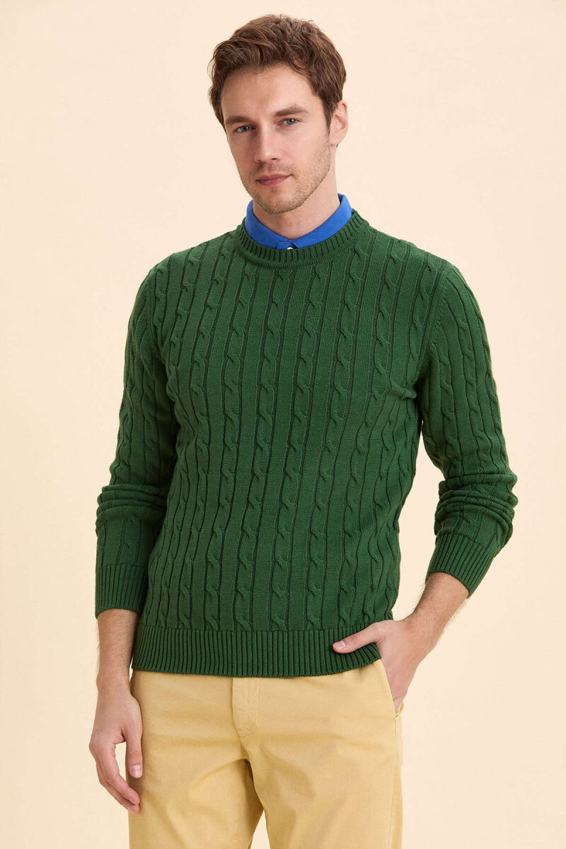 Green 100% Cotton Cable Knit Crew Neck Sweater - 3