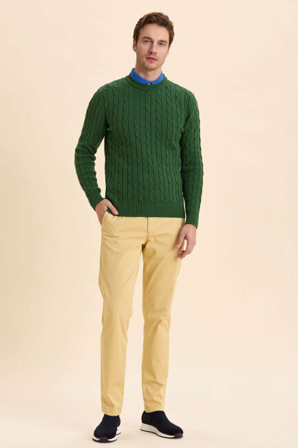 Green 100% Cotton Cable Knit Crew Neck Sweater - 4