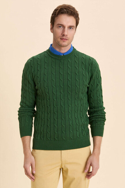 Green 100% Cotton Cable Knit Crew Neck Sweater - 5
