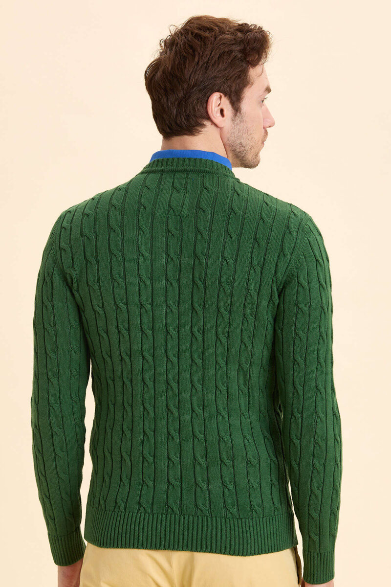 Green 100% Cotton Cable Knit Crew Neck Sweater - 6