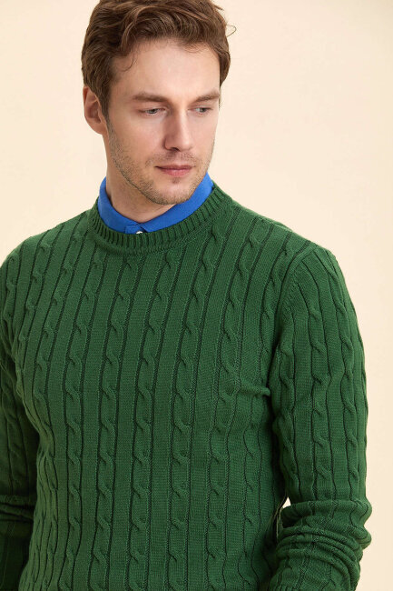 Green 100% Cotton Cable Knit Crew Neck Sweater - 1