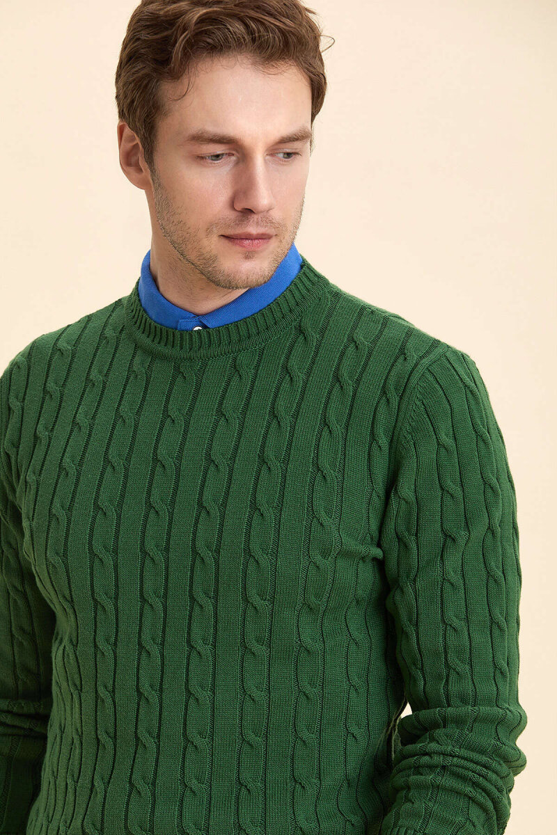 Green 100% Cotton Cable Knit Crew Neck Sweater