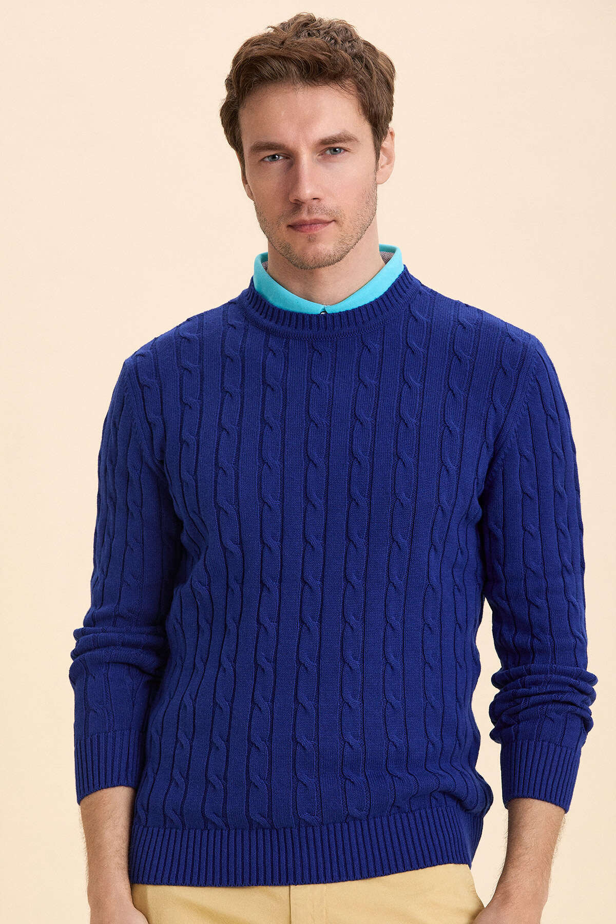 Sax 100% Cotton Cable Knit Crew Neck Sweater - 1