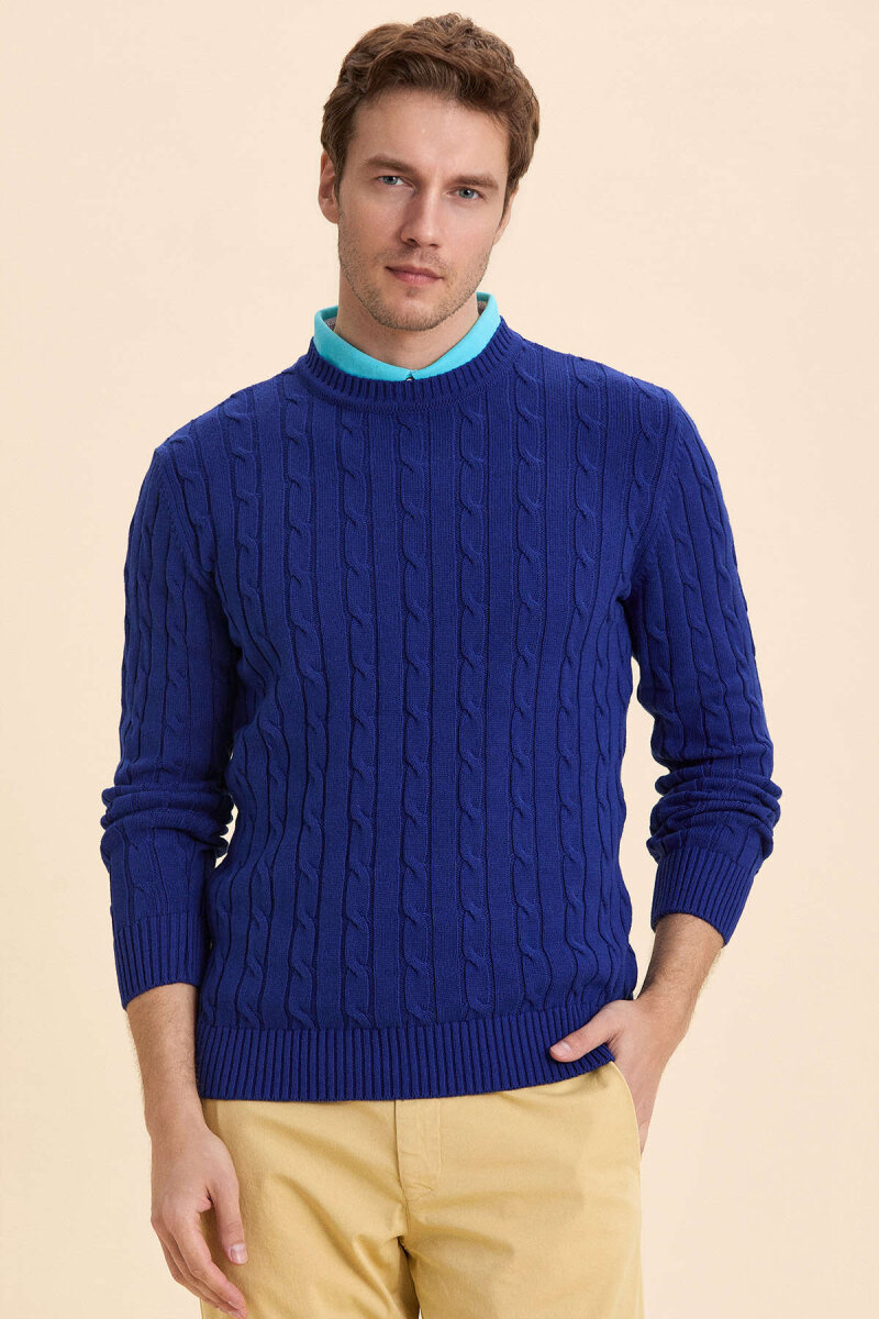 Sax 100% Cotton Cable Knit Crew Neck Sweater - 3
