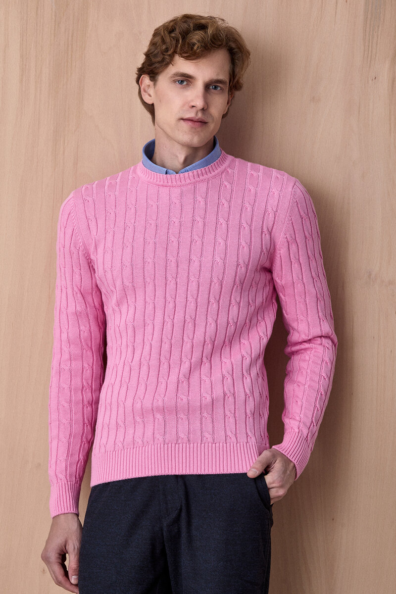 Pink 100% Cotton Cable Knit Crew Neck Sweater - 1