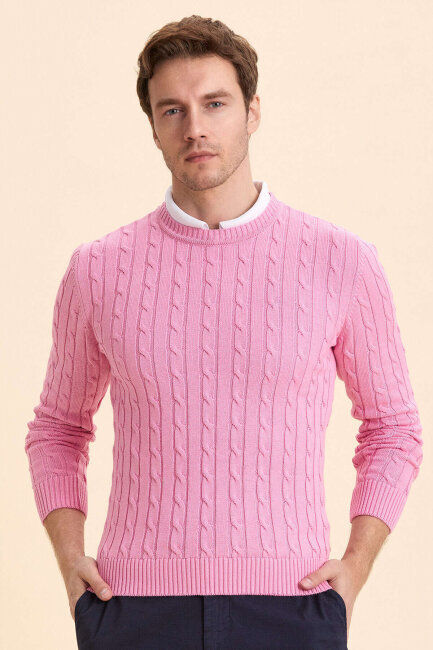Pink 100% Cotton Cable Knit Crew Neck Sweater - 2