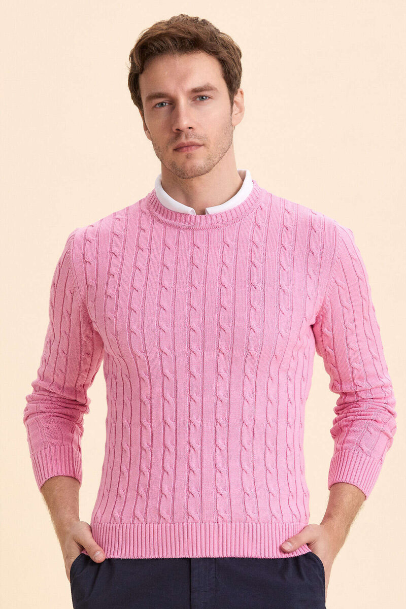 Pink 100% Cotton Cable Knit Crew Neck Sweater - 2