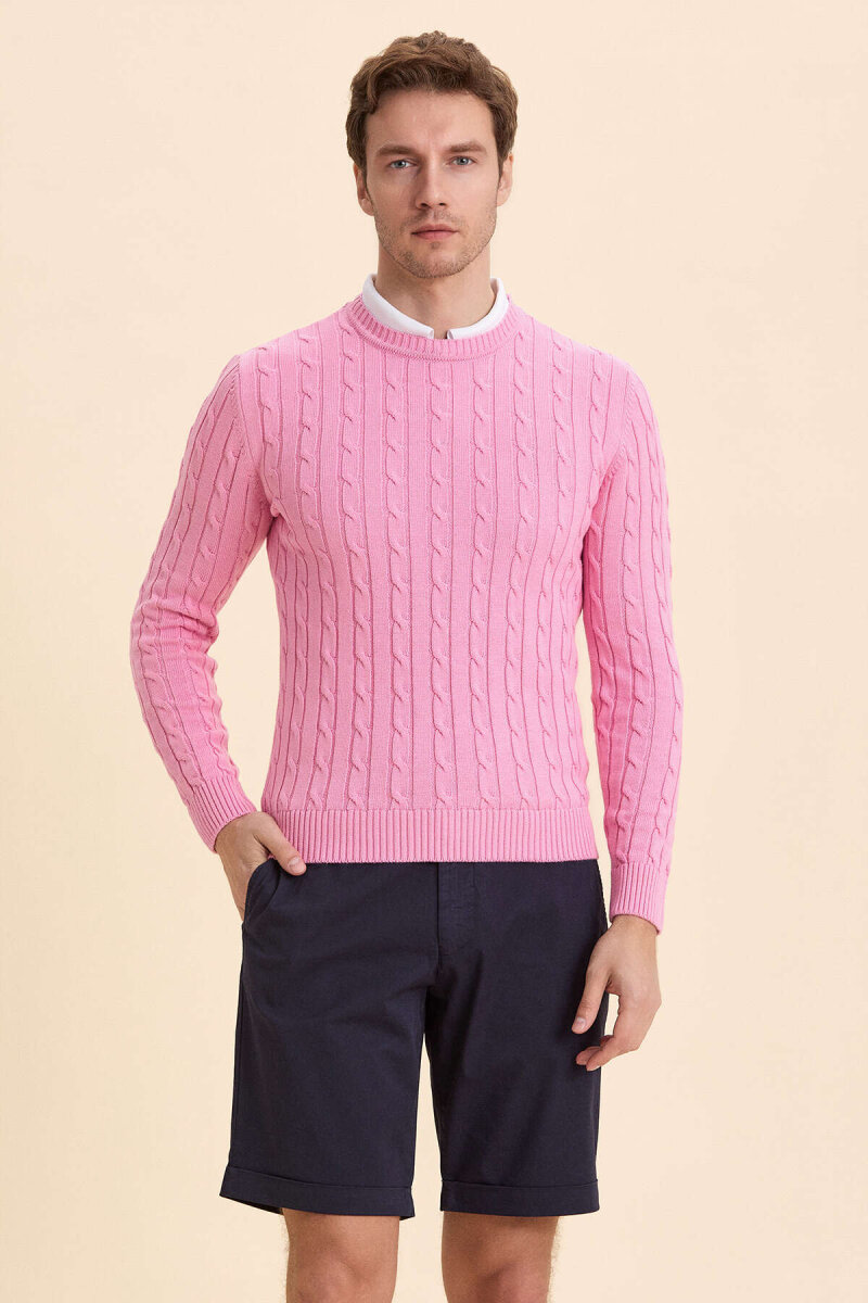 Pink 100% Cotton Cable Knit Crew Neck Sweater - 3