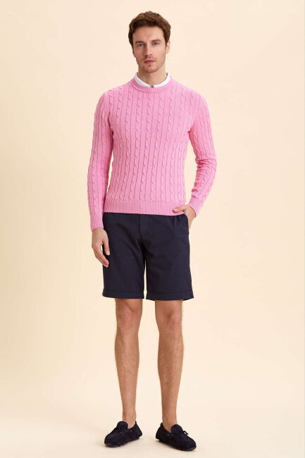Pink 100% Cotton Cable Knit Crew Neck Sweater - 4