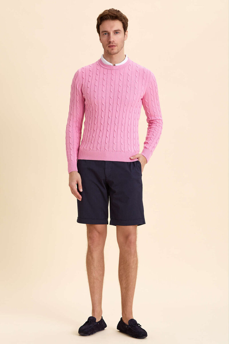 Pink 100% Cotton Cable Knit Crew Neck Sweater - 4