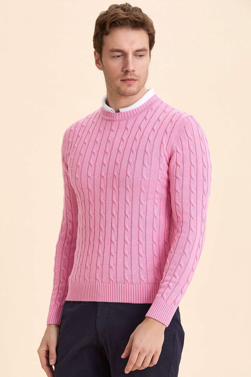 Pink 100% Cotton Cable Knit Crew Neck Sweater - 5