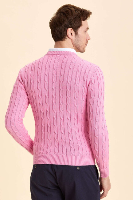Pink 100% Cotton Cable Knit Crew Neck Sweater - 6
