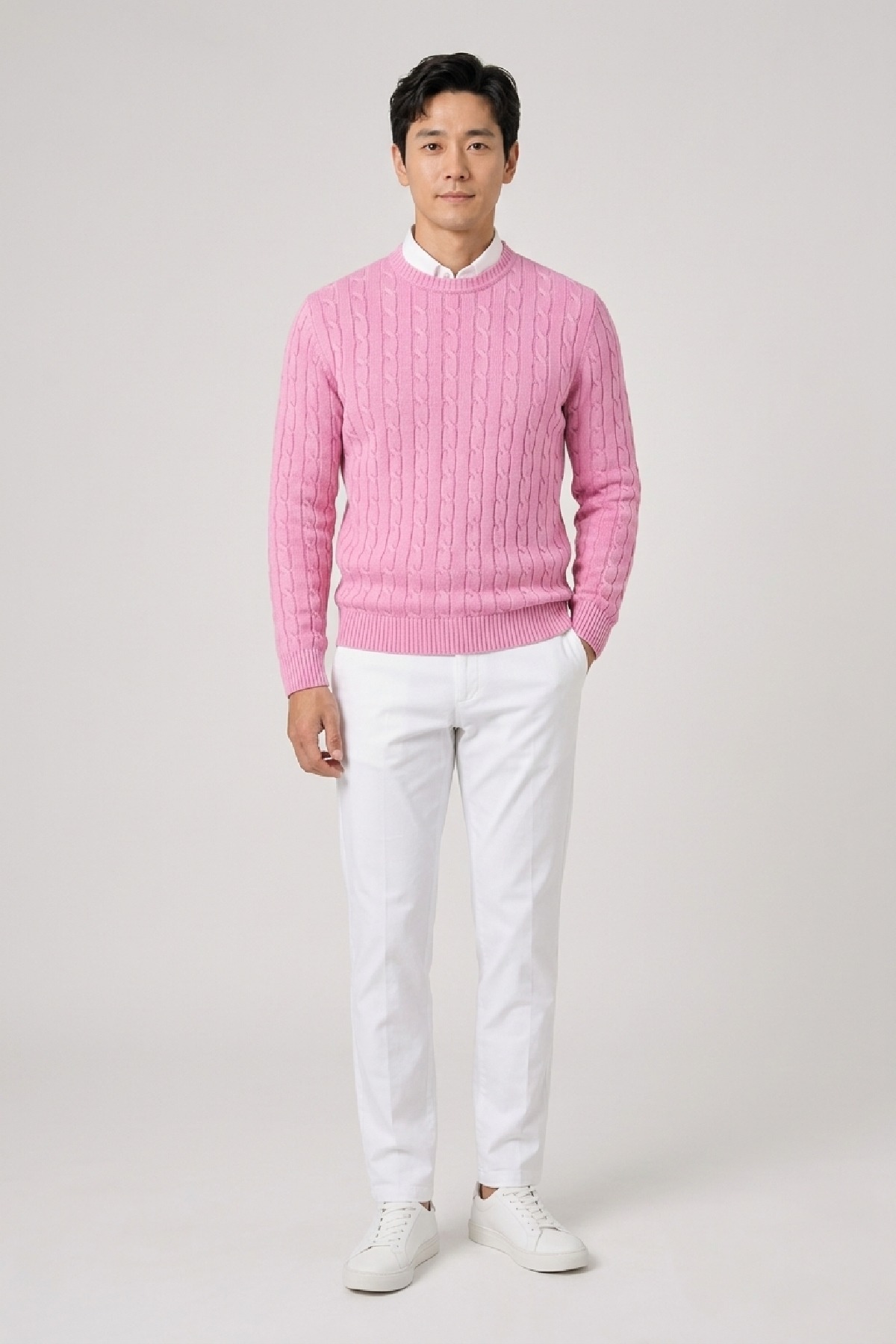 Pink 100% Cotton Cable Knit Crew Neck Sweater - 2
