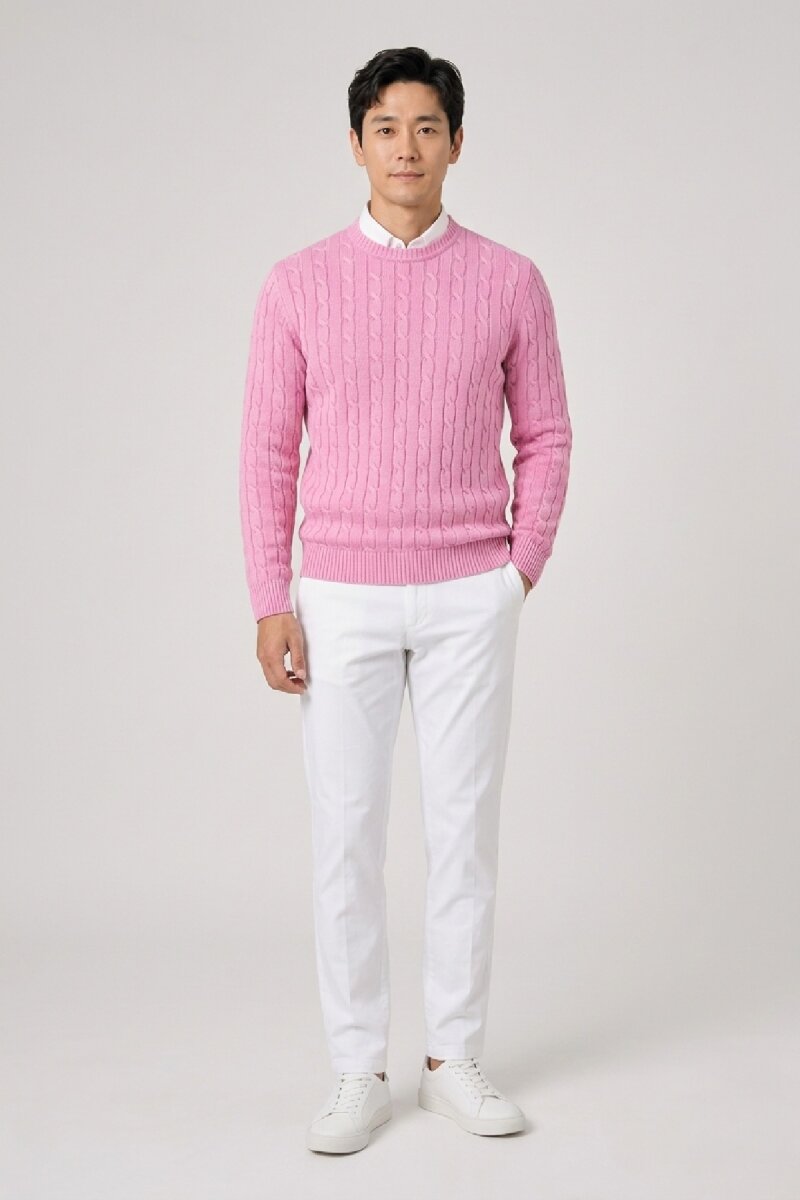 Pink 100% Cotton Cable Knit Crew Neck Sweater - 2