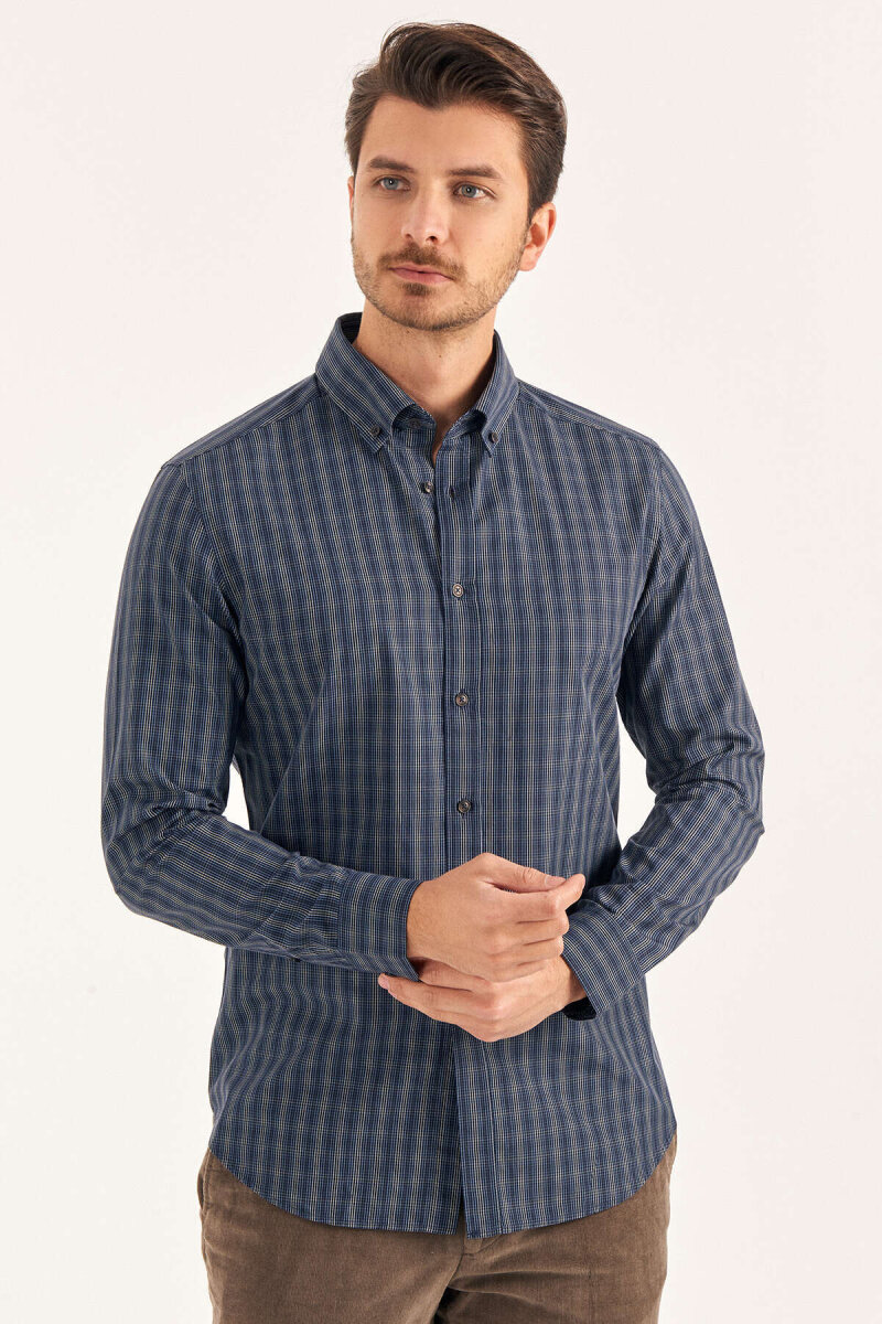 Navy Blue 100% Cotton Patterned Shirt