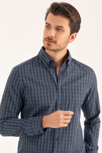 Navy Blue 100% Cotton Patterned Shirt - 3