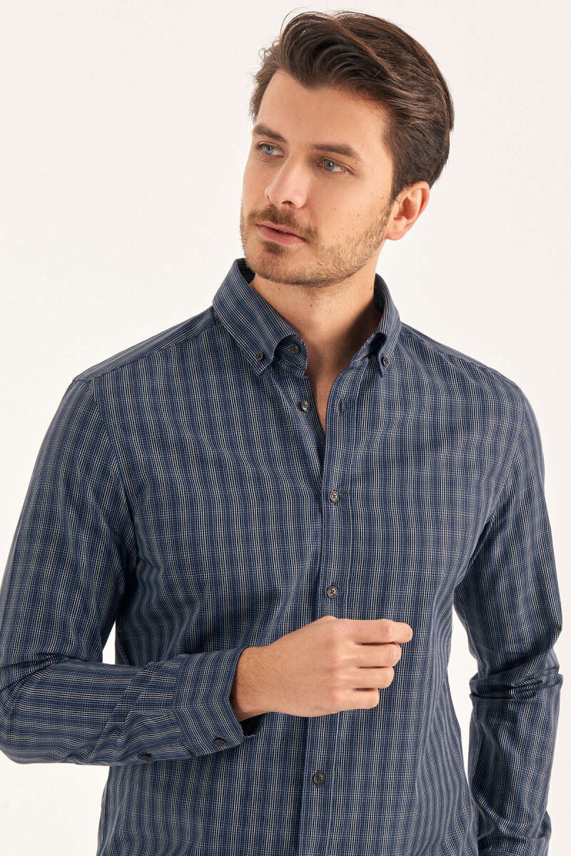 Navy Blue 100% Cotton Patterned Shirt - 3
