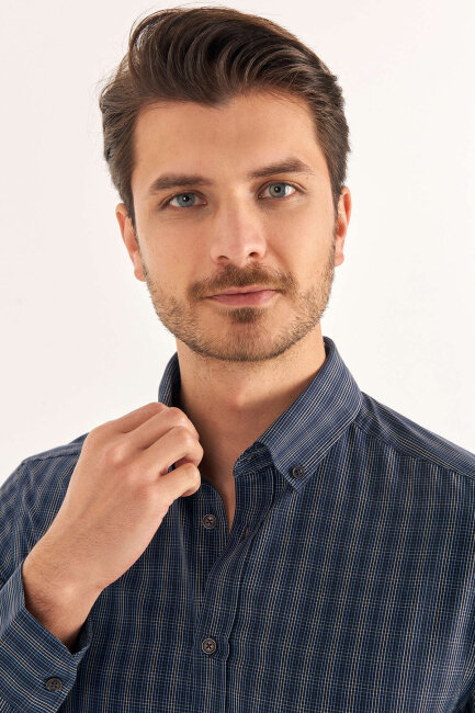 Navy Blue 100% Cotton Patterned Shirt - 4