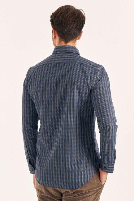 Navy Blue 100% Cotton Patterned Shirt - 5