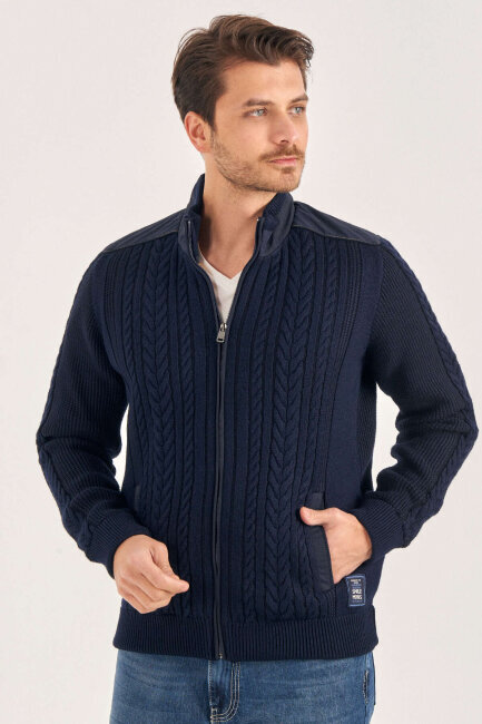 Navy Blue 100% Cotton Cable Knit Zip-Up Jacket - 1