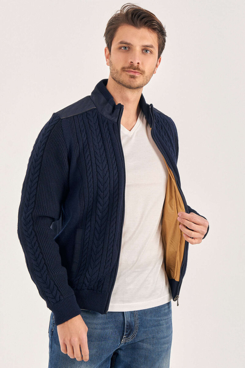 Navy Blue 100% Cotton Cable Knit Zip-Up Jacket (1)