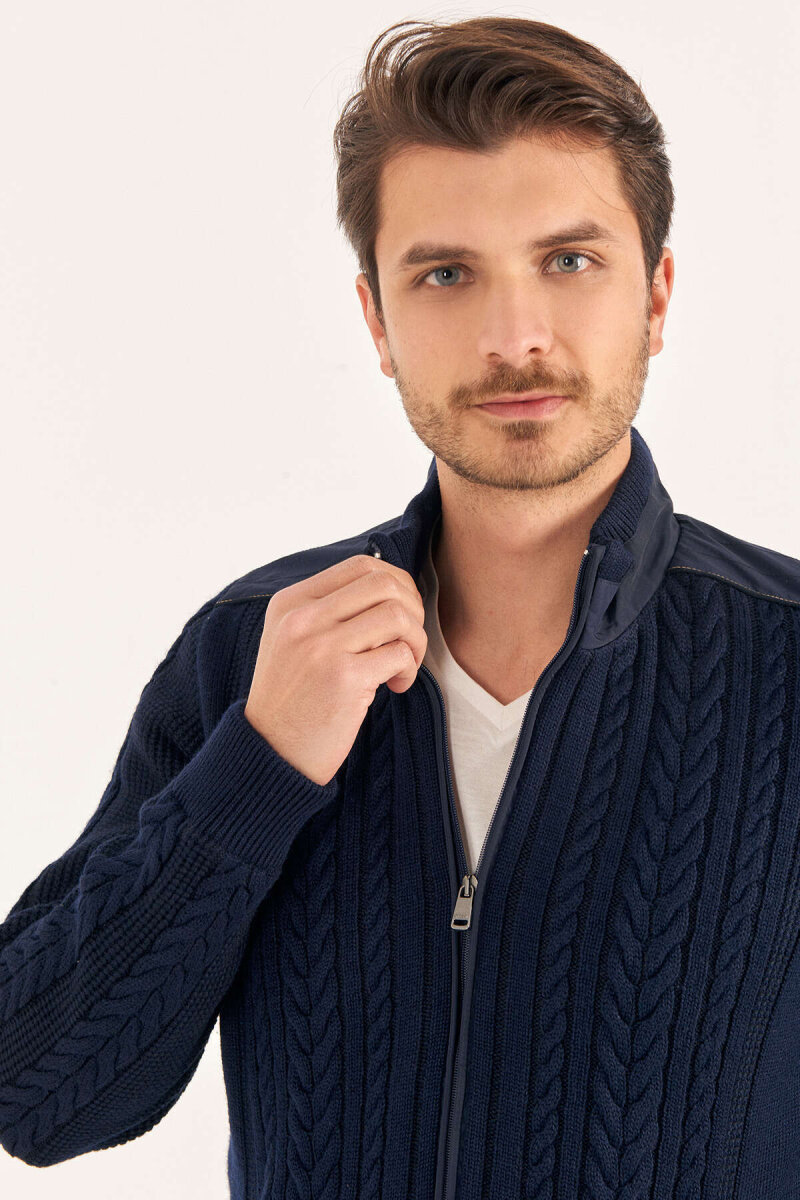 Navy Blue 100% Cotton Cable Knit Zip-Up Jacket - 3