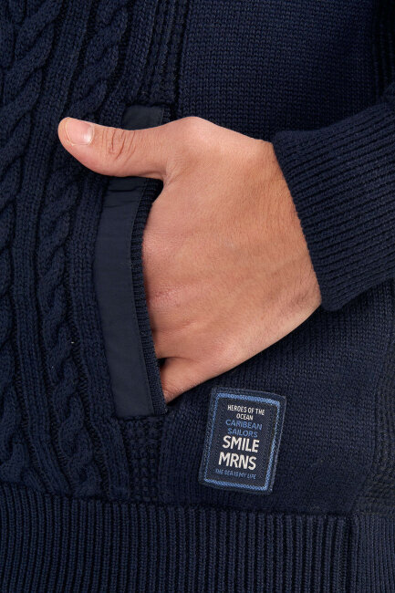 Navy Blue 100% Cotton Cable Knit Zip-Up Jacket - 5