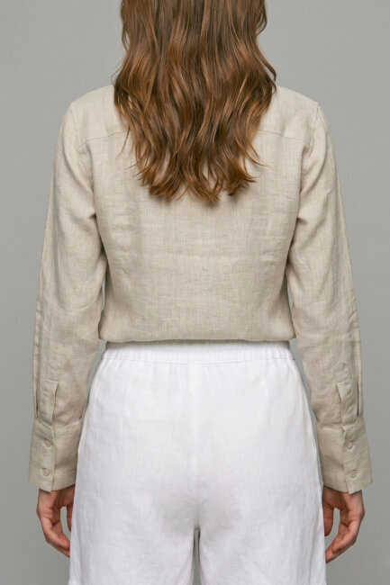 Bej %100 Keten Düğmeli Gömlek - 5