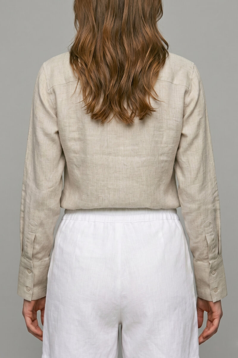 Bej %100 Keten Düğmeli Gömlek - 5