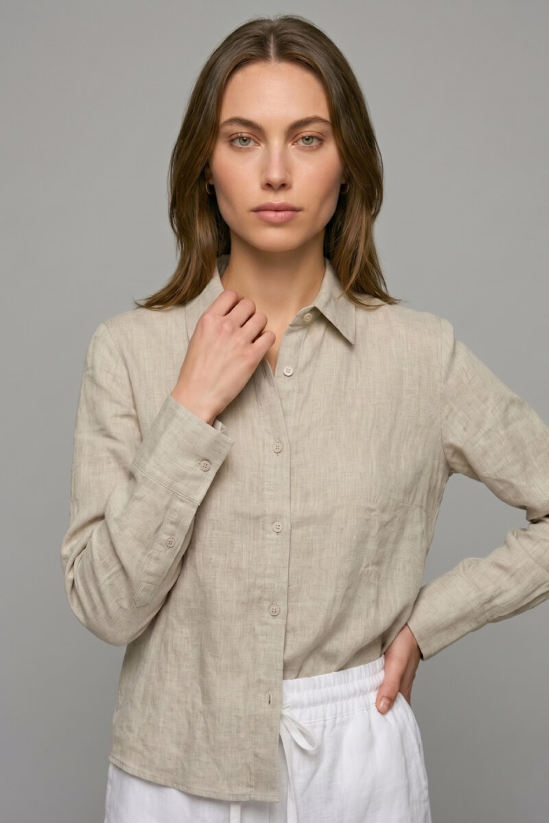 Bej %100 Keten Düğmeli Gömlek - 1