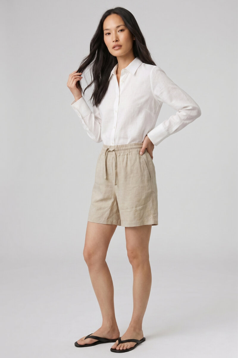 Beyaz %100 Keten Düğmeli Gömlek - 4