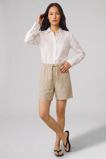 Beyaz %100 Keten Düğmeli Gömlek - 2