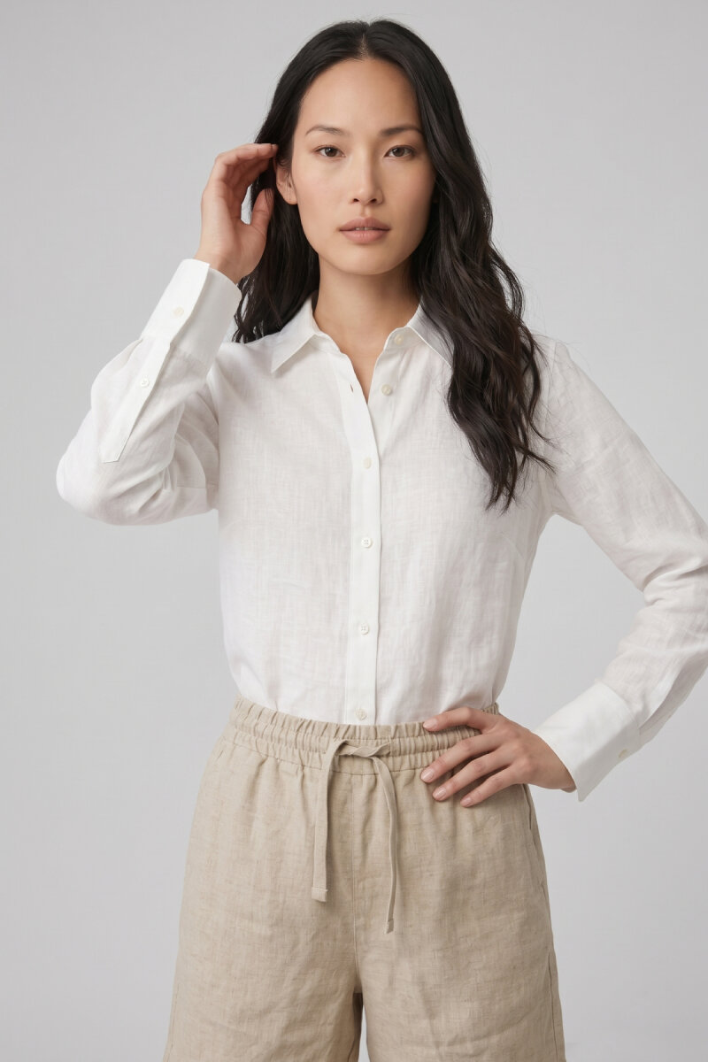 Beyaz %100 Keten Düğmeli Gömlek - 1