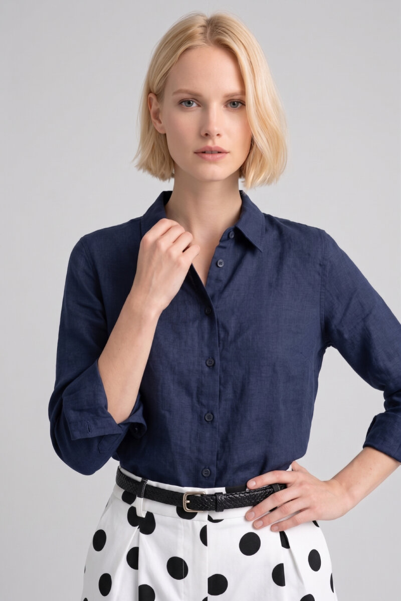 Lacivert %100 Keten Düğmeli Gömlek - 1