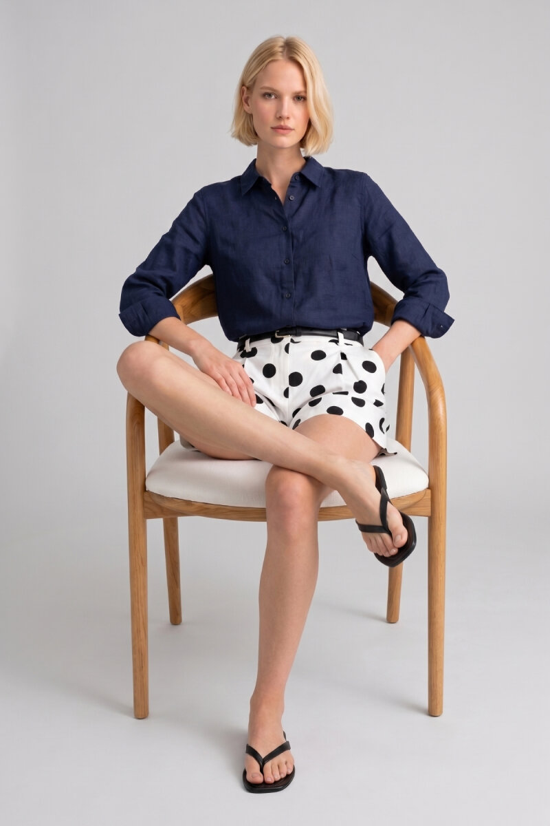 Lacivert %100 Keten Düğmeli Gömlek - 3