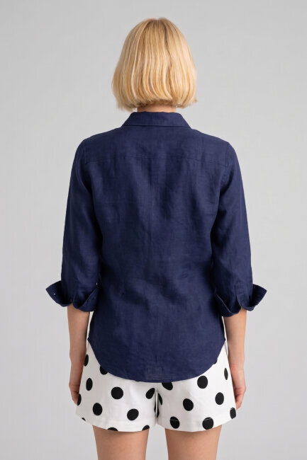 Lacivert %100 Keten Düğmeli Gömlek - 6