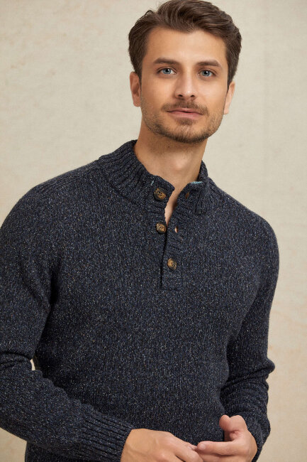 Navy Blue 100% Cotton Buttoned Sweater - 2