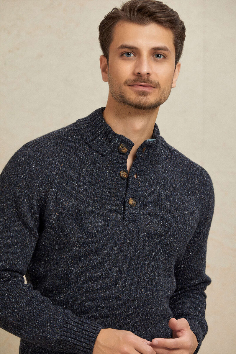 Navy Blue 100% Cotton Buttoned Sweater - 2