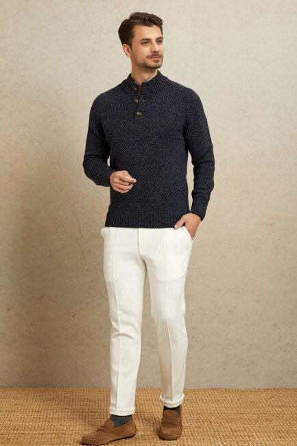 Navy Blue 100% Cotton Buttoned Sweater - 3