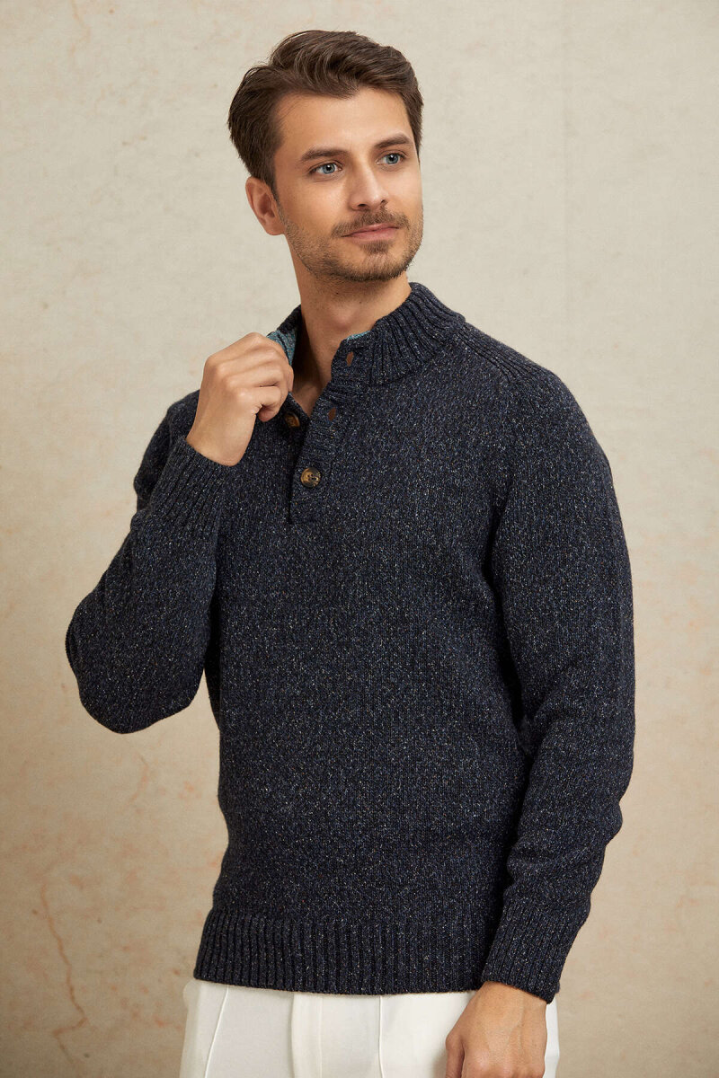 Navy Blue 100% Cotton Buttoned Sweater - 4