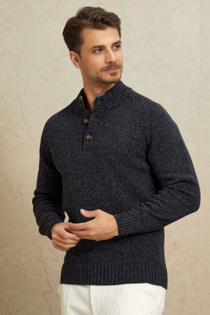 Navy Blue 100% Cotton Buttoned Sweater - 5