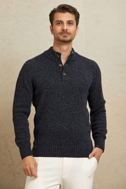 Navy Blue 100% Cotton Buttoned Sweater - 6