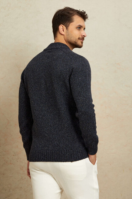 Navy Blue 100% Cotton Buttoned Sweater - 7