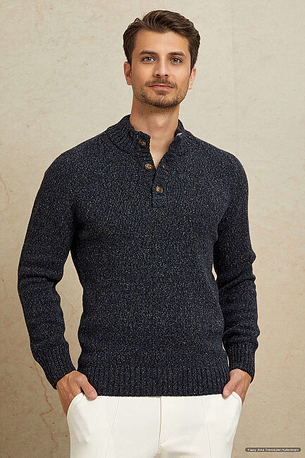 Navy Blue 100% Cotton Buttoned Sweater - 2
