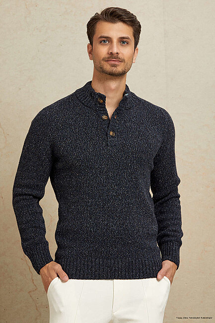 Navy Blue 100% Cotton Buttoned Sweater 