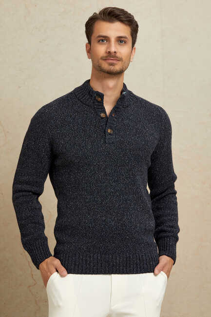 Navy Blue 100% Cotton Buttoned Sweater - 1