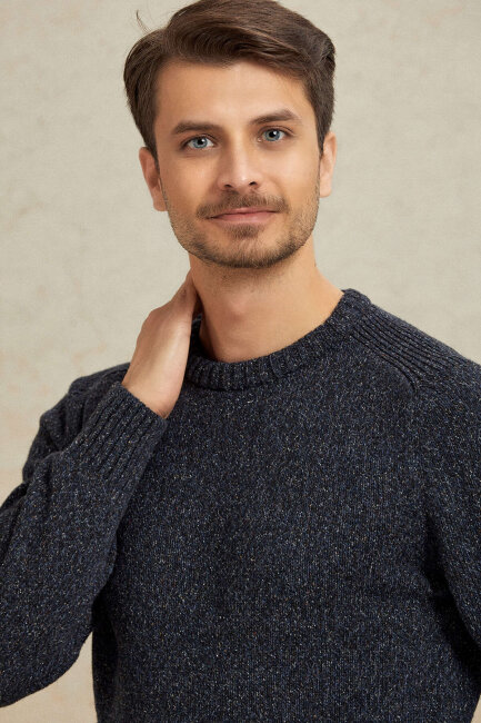 Navy Blue 100% Cotton Round Neck Sweater - 2