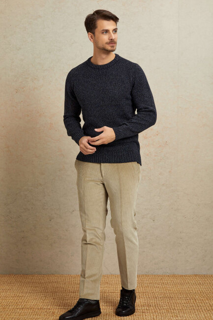 Navy Blue 100% Cotton Round Neck Sweater - 3